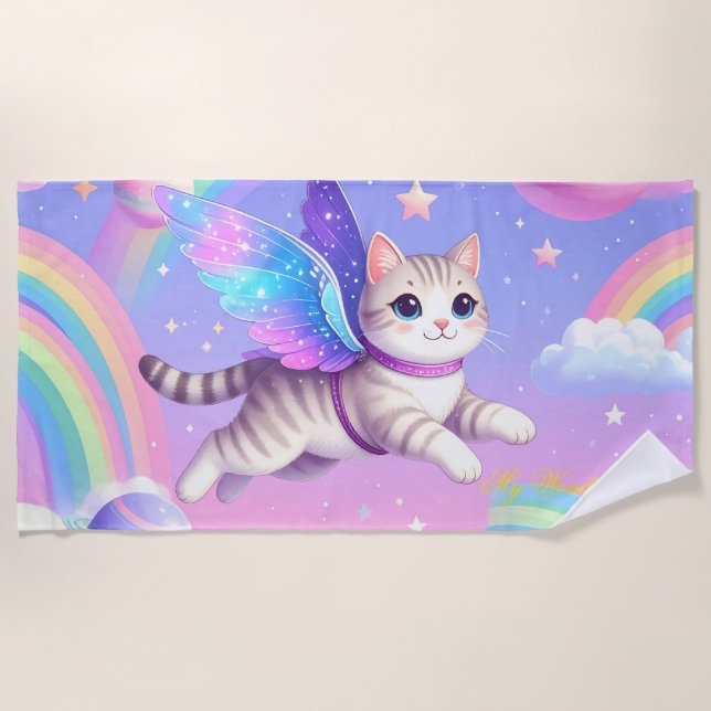 Cute Space Rainbow Design – Kawaii Planets & Stars Beach Towel (Front)