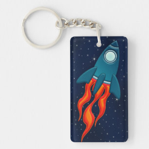 Cute Space Rocket and Outer Space Design Key Ring