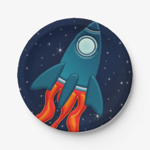 Cute Space Rocket and Outer Space Design Paper Plate
