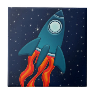 Cute Space Rocket and Outer Space Design Tile