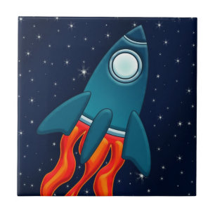 Cute Space Rocket and Outer Space Design Tile