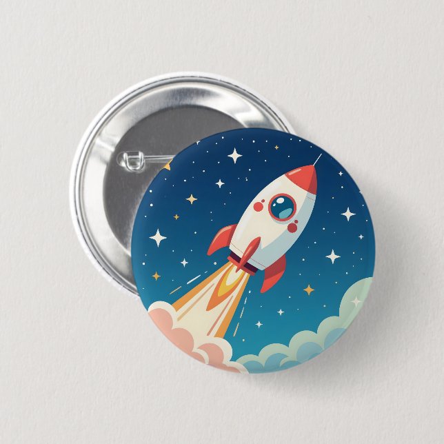 Cute space rocket blasting off 6 cm round badge (Front & Back)