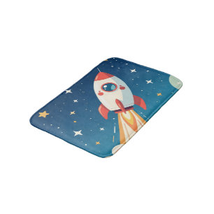 Cute space rocket blasting off bath mat