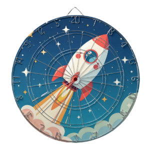 Cute space rocket blasting off dartboard