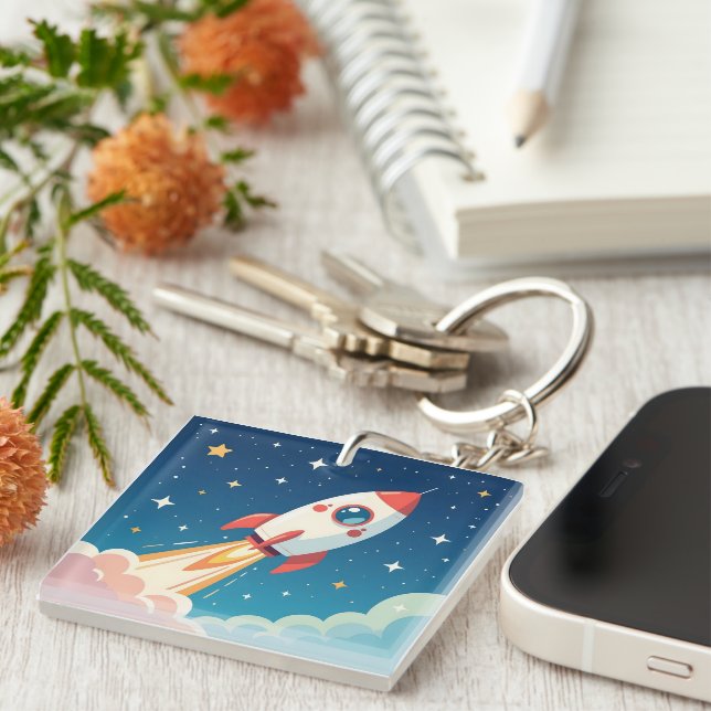 Cute space rocket blasting off key ring (Front Right)