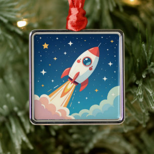 Cute space rocket blasting off metal tree decoration