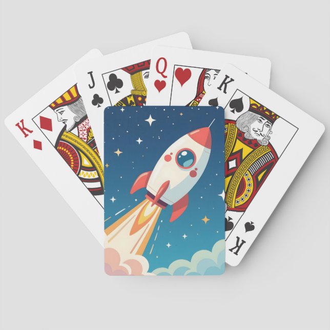 Cute space rocket blasting off playing cards (Back)