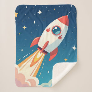 Cute space rocket blasting off sherpa blanket