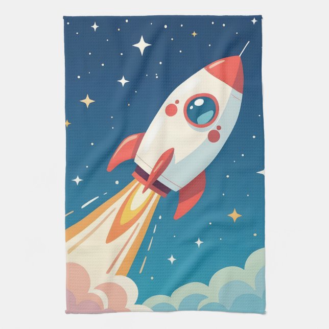 Cute space rocket blasting off tea towel (Vertical)
