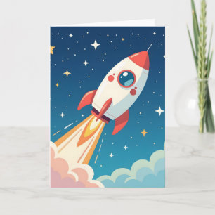 Cute space rocket blasting off thank you card
