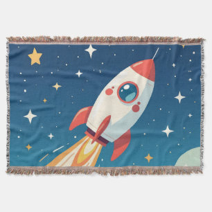 Cute space rocket blasting off throw blanket