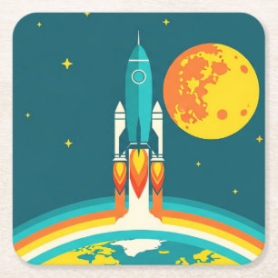 Cute Space Rocket Cartoon Square Paper Coaster