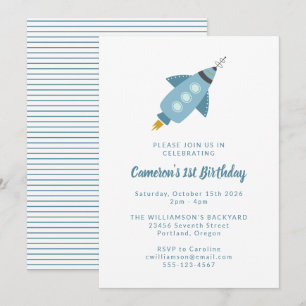 Cute Space Rocket Ship Blue 1st Birthday Party Invitation