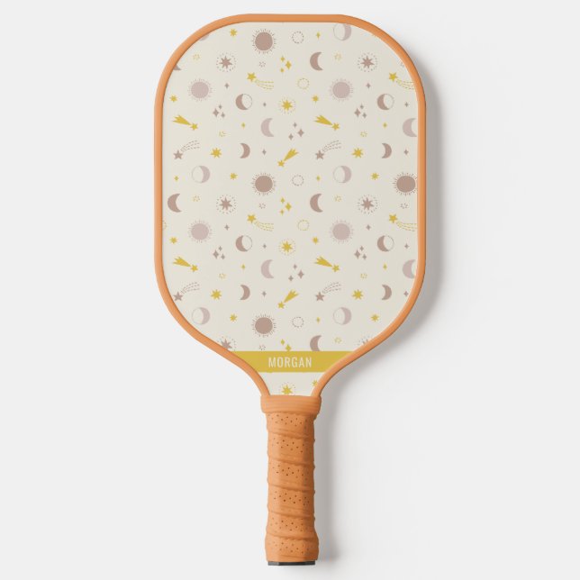 Cute Space Sun Moon and Stars on cream Pickleball Paddle (Front)