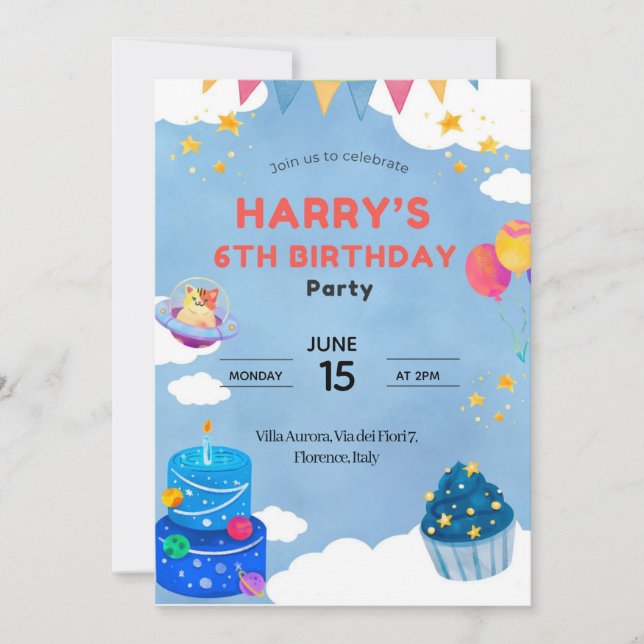 Cute Space Theme 6th Birthday Invitation for kids (Front)