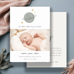 Cute Space World Heart Photo Birth Announcement