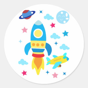 Cute Spacecraft Rocket Ships Pattern Classic Round Sticker