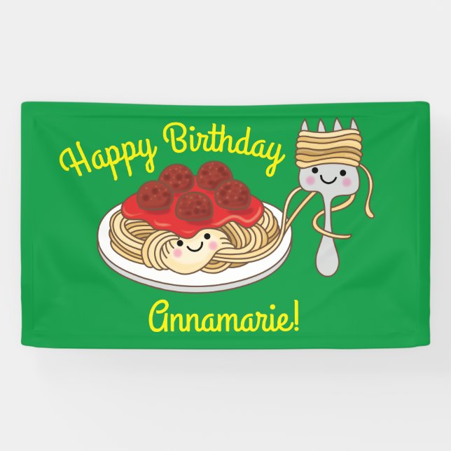 Cute Spaghetti Kids Birthday Party Kawaii Banner (Horizontal)