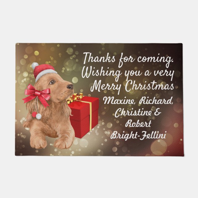 Cute Spaniel red hat and box festive custom Xmas Doormat (Front)
