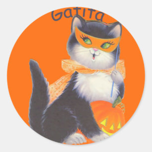 Cute Spanish Halloween Cat Round Stickers