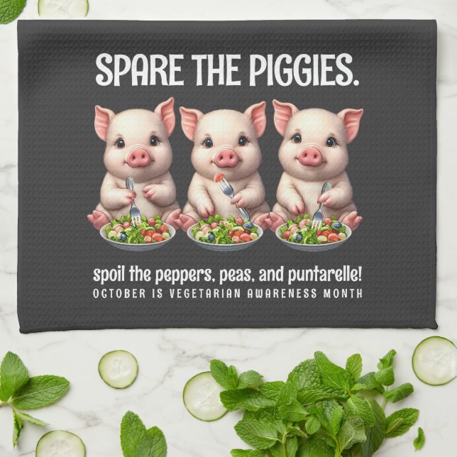 Cute Spare the Piggies Eating Salads Tea Towel (Folded)