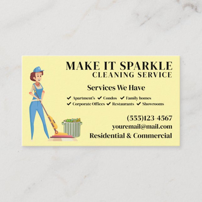 Cute Sparkle Cartoon Maid Cleaning Services  Business Card (Front)