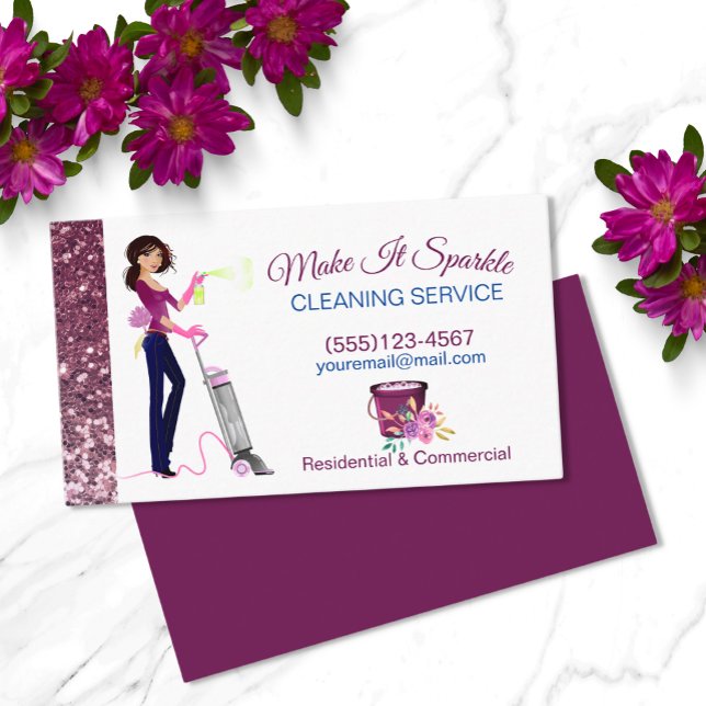 Cute Sparkle Cartoon Maid Cleaning Services  Business Card (Creator Uploaded)