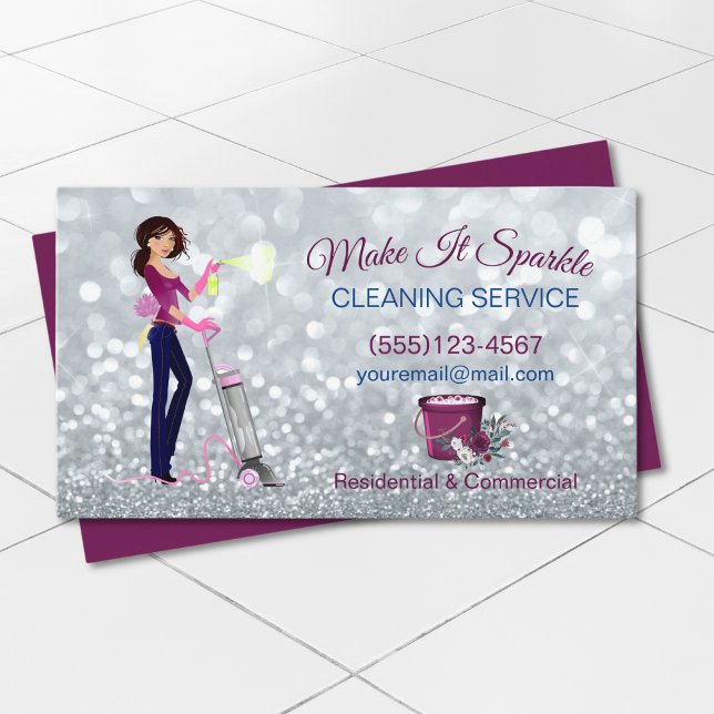 Cute Sparkle Cartoon Maid Cleaning Services Business Card (Creator Uploaded)