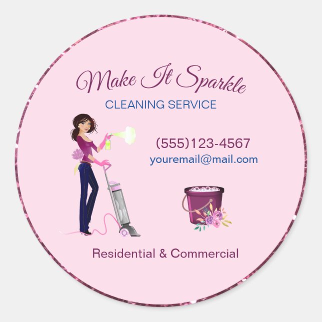 Cute Sparkle Cartoon Maid Cleaning Services Classic Round Sticker (Front)