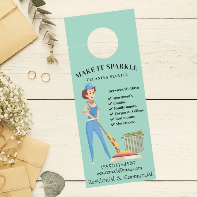 Cute Sparkle Cartoon Maid Cleaning Services Door Hanger (Creator Uploaded)