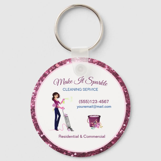 Cute Sparkle Cartoon Maid Cleaning Services Key Ring (Front)