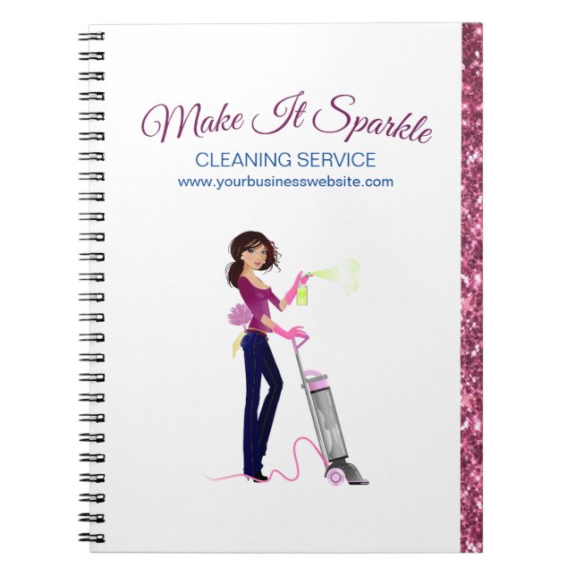 Cute Sparkle Cartoon Maid Cleaning Services Notebo Notebook (Front)