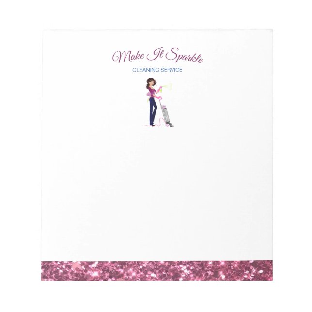 Cute Sparkle Cartoon Maid Cleaning Services Notepad (Front)