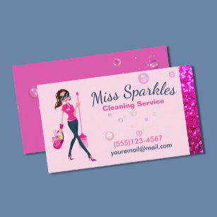 Cute Sparkle Cartoon Maid House Cleaning Service B Business Card