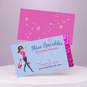 Cute Sparkle Cartoon Maid House Cleaning Service Business Card