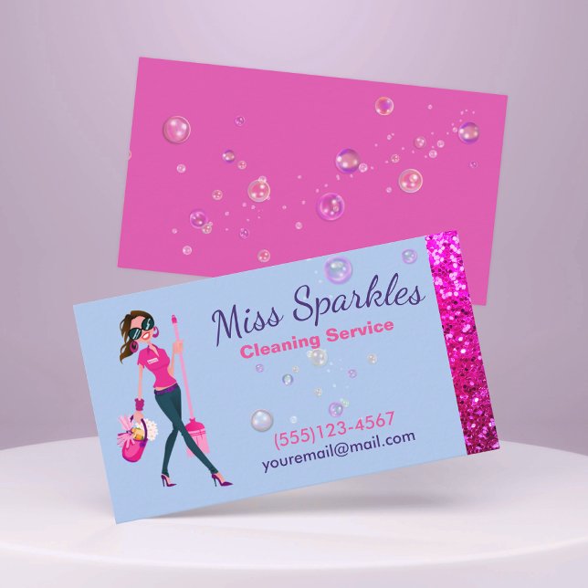 Cute Sparkle Cartoon Maid House Cleaning Service Business Card (Creator Uploaded)