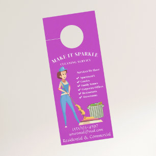 Cute Sparkle Cartoon Maid Purple Cleaning Services Door Hanger