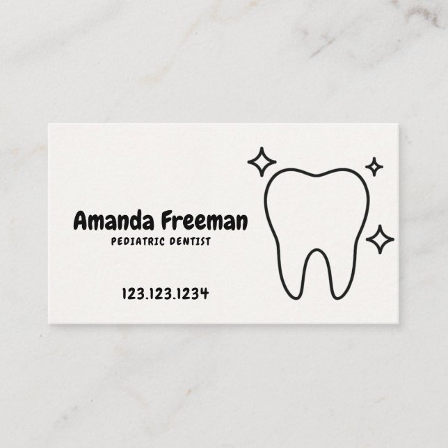 Cute Sparkling Tooth Line Art Paediatrics Dentist Appointment Card (Front)