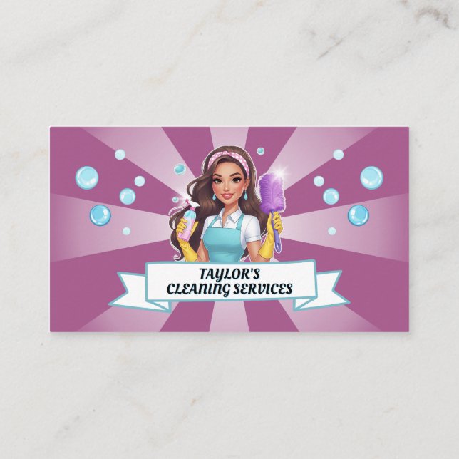 Cute Sparkly Maid House Cleaning Service Business Card (Back)