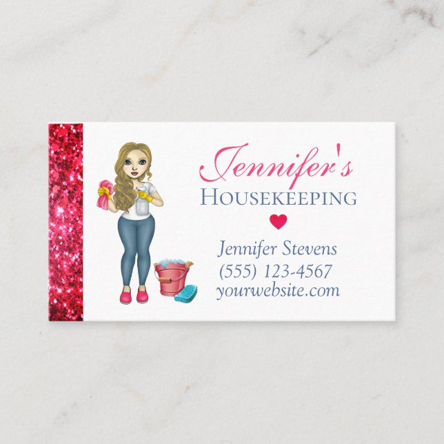 Cute Sparkly Maid House Cleaning Service Business Card (Front)