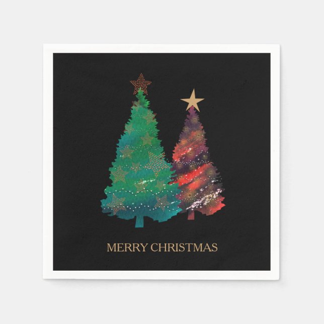 Cute Sparkly Watercolor Christmas Tree Napkin (Front)