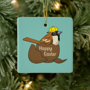 Cute Sparrow Chocolate Egg Happy Easter Ceramic Ornament