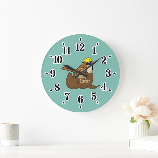 Cute Sparrow Chocolate Egg Happy Easter Large Clock (Home)