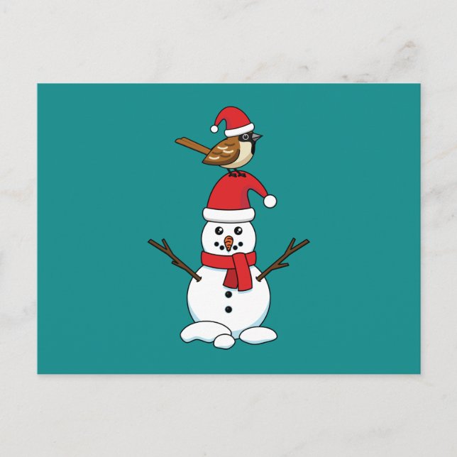 Cute Sparrow on Snowman Holiday Postcard (Front)