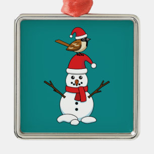 Cute Sparrow on Snowman Metal Tree Decoration