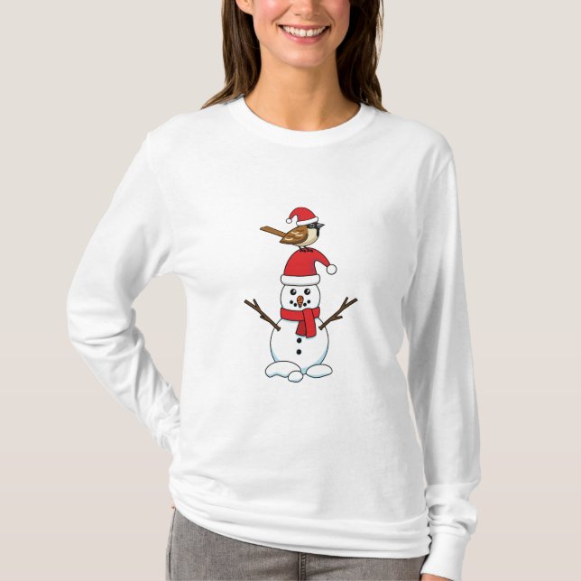 Cute Sparrow on Snowman T-Shirt (Front)