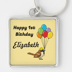 Cute Sparrow with Balloons Birthday   Personalise Key Ring