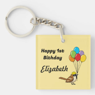 Cute Sparrow with Balloons Birthday Personalise Key Ring