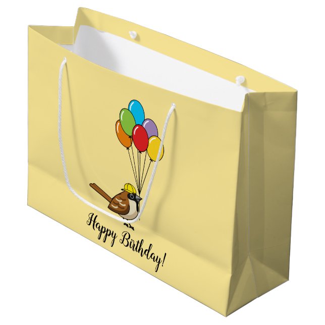 Cute Sparrow with Balloons Birthday | Personalise Large Gift Bag (Front Angled)
