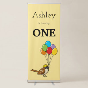 Cute Sparrow with Balloons Birthday   Personalise Retractable Banner